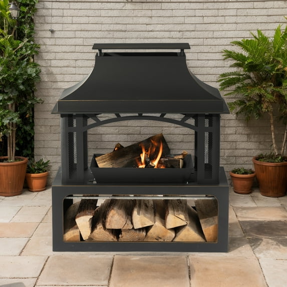 Olurrisa 40" Wood Burning Fireplace, 50000 BTU Steel Fire Pit, Wood Burning Chimney for Outside Patio Deck Garden Backyard-Black