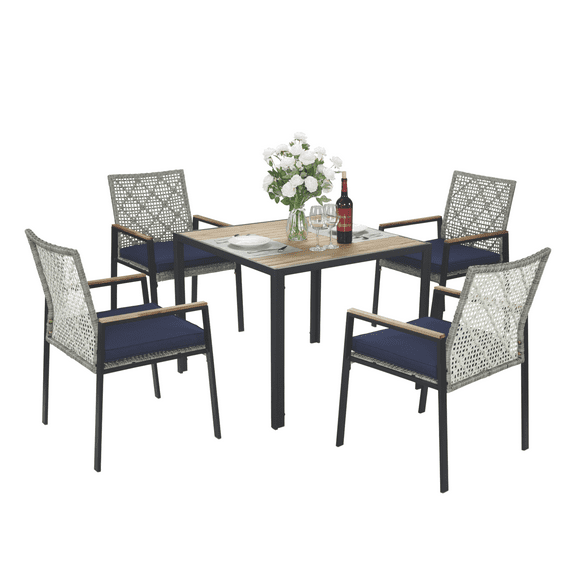 Olurrisa 5-Piece Acacia Wood Patio Dining Set with Steel Frame & Umbrella Hole - Waterproof Rattan Furniture for Outdoor Dining & Garden​​