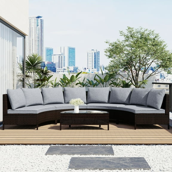 Olurrisa 5 Pieces All-Weather Brown PE Rattan Wicker Sofa Set Outdoor Patio Sectional Furniture Set Half-Moon Sofa Set with Tempered Glass Table, Gray