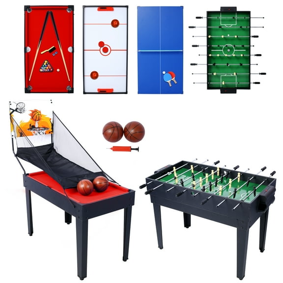Olurrisa 5-in-1 Multi-Game Table - Billiards, Push Hockey, Foosball, Ping Pong, and Basketball black/red