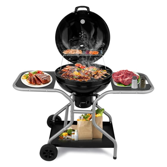 Olurrisa 51 inch Kettle Charcoal Grill with 2 Side Tables, Storage Shelf, Upgraded Ash Catcher, Thermometer, Air Vents, Outdoor Cooking Barbecue Grill with Wheels