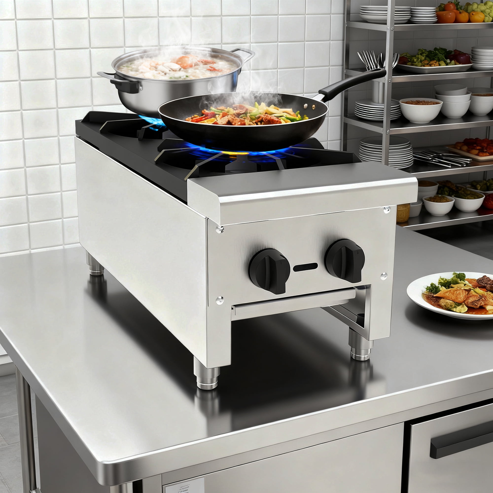 Olurrisa 56,000 BTU Commercial Gas Range, 2-Burner Stainless Steel Countertop Stove for Restaurant Kitchen, Natural Gas or Propane