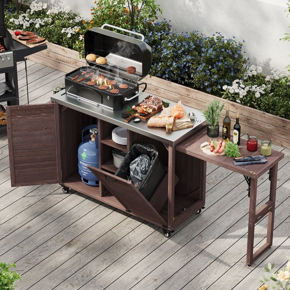 Olurrisa 78.3" Outdoor Kitchen Island with Foldable Grill Table, Wooden Outdoor Grill Cart with Trash Can Storage & Stainless Steel Top, Pizza Oven Table for Lawn & Garden, Dark Brown