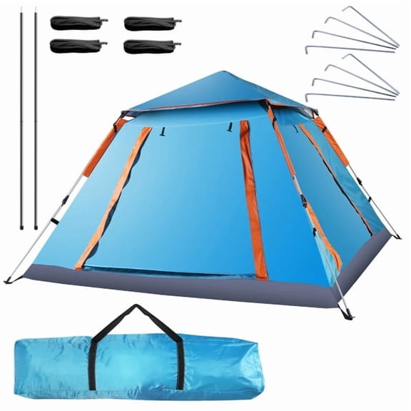 Olurrisa 7x7ft Pop-Up Camping Tent for 4-5 Person, Instant Setup Family Tent with 2 Mosquito Nets, Waterproof Windproof Blue