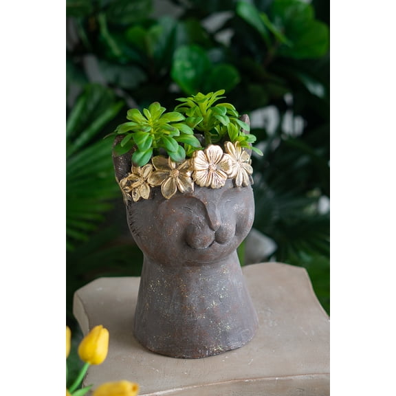 Olurrisa 8.5x7.7x12.4" Magnesium Cat Statue Planter with Textured Brown Finish and Gold Leaf Crown