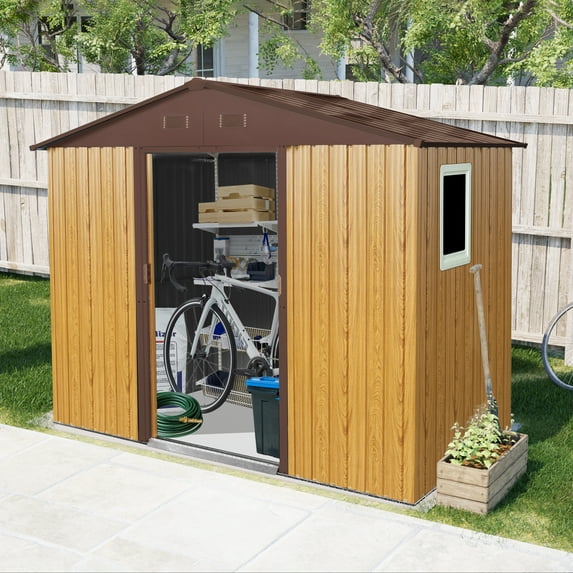 Olurrisa 8 ft x 4 ft Outdoor Metal Storage Shed with Window and Metal Foundation for Backyard, Patio, Lawn (Coffee)