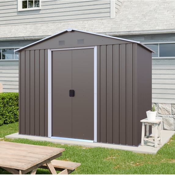 Olurrisa 8x4ft Gray Outdoor Metal Storage Shed with Metal Foundation, Galvanized Steel Lockable Shed with Sliding Doors