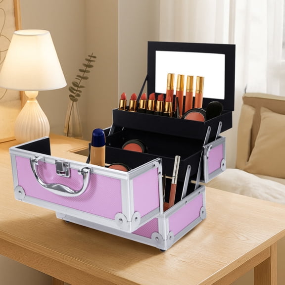 Olurrisa Aluminum Makeup Train Case with Mirror, Expandable Cosmetic & Jewelry Organizer Box, Lockable Handle for Travel, Pink