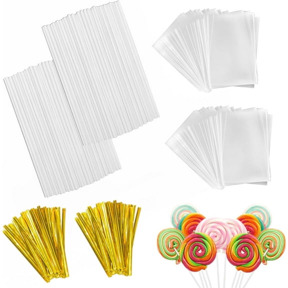 Olurrisa Cake Pop Sticks Kit, 200 Pcs Parcel Bags 3.9 inch, 200 Pcs Treat Sticks and 200 Pcs Colorful Metallic Twist Ties for Making Lollipops, Cake Pops, Candies, Chocolates and Cookies
