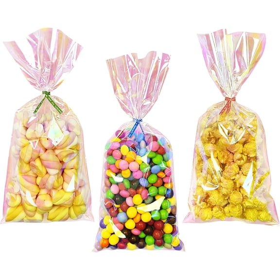 Olurrisa Cellophane Treat Bags,Iridescent Holographic Goodie Bags, Clear Cello Bags with Twist Ties for Birthday Party Favors, Valentines, Easter, Weddings