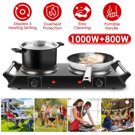 Olurrisa Dual Electric Hot Plate - 5-Second Quick Heating with 6.3&7.5in Glass Plates, Thermostat Control & Auto Shut-Off, 338-1022℉ Adjustable Temp for Camping/College/Small Kitchen