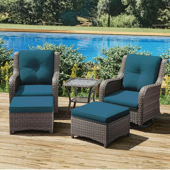 Olurrisa​Ergonomic Outdoor Lounge Set – Blue Grey 5 pcs Wicker Rocker Chairs with Waterproof Cushions, Modular Sectional for Balcony/Garden (Anti-UV Fabric)​​