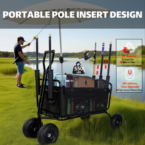Olurrisa Fishing Cart Beach Cart Collapsible Wagon w/11'' All-Terrain Wheels for Sand, Heavy Duty Garden Cart with Rod Holders,Umbrella Holder and Storage Pockets, 550lb Large Capacity