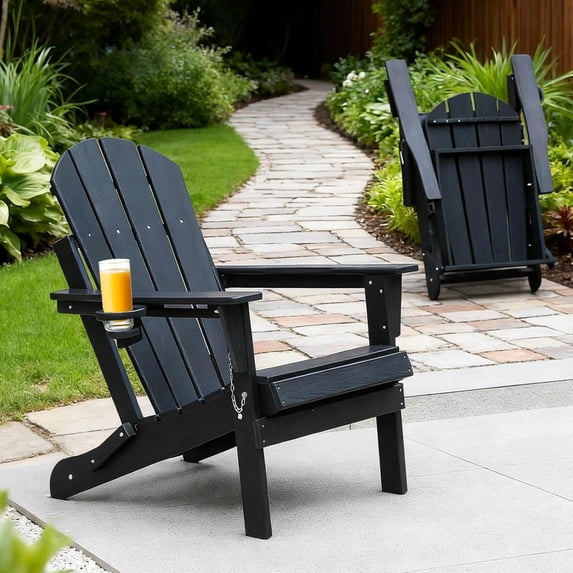 Olurrisa HDPE Folding Adirondack Chair with Dual Cup Holder - Composite Adirondack Chair with Wood Texture- Black