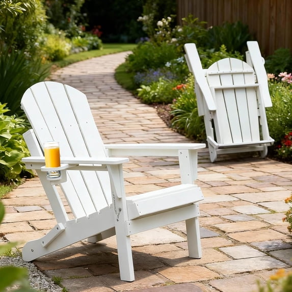 Olurrisa HDPE Folding Adirondack Chair with Dual Cup Holder - Composite Adirondack Chair with Wood Texture- White
