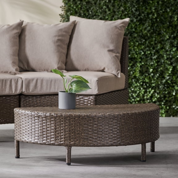 Olurrisa Half-Round Outdoor Coffee Table, Brown Faux Rattan & Iron Frame, No Assembly Required for Patio