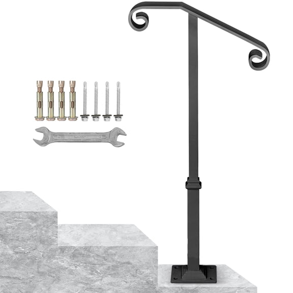 Olurrisa Handrails for Outdoor Steps, Fit 1 or 2 Steps Outdoor Stair Railing, Single Post Wrought Iron Handrail, Gray Transitional Porch Railings for Concrete Steps or Wooden Stairs with Base