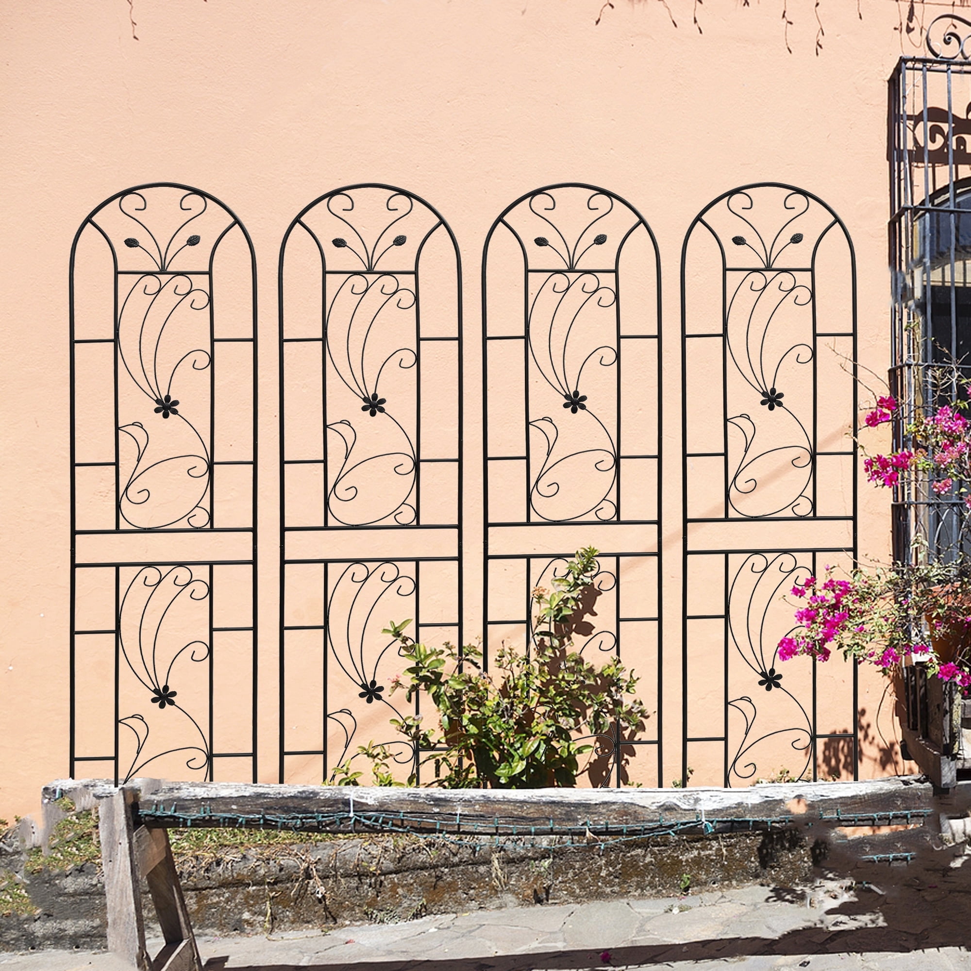 Olurrisa Heavy Duty 4-Piece Galvanized Trellis Set - 86.7" Outdoor Plant Support for Roses, Cucumbers & Vines, Anti-Rust Powder Coated Metal Grid (Black)