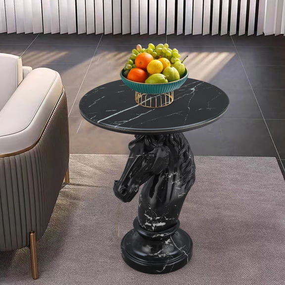 Olurrisa Horse Head Accent Table – Black Animal Statue End Table with Faux Marble Top, Strong Resin Construction, No Wobbling, for Living Room