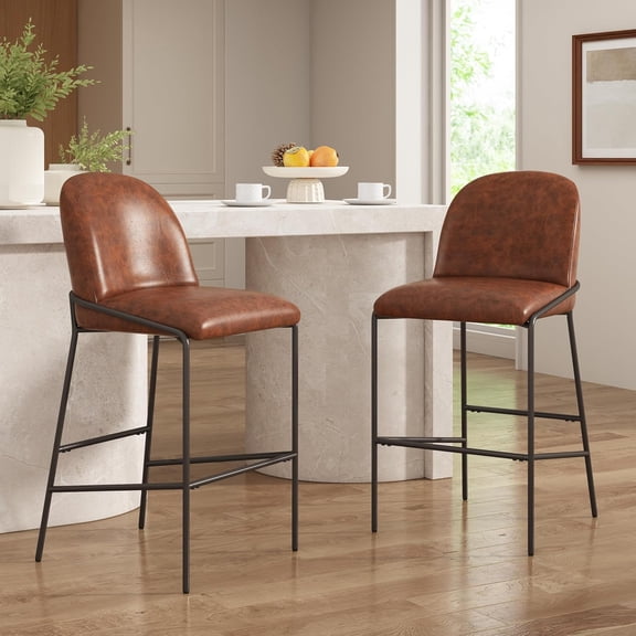 Olurrisa Indoor Metal Upholstered Barstool, Antique Bronze Finish Frame with Brown Faux Leather, Set of 2
