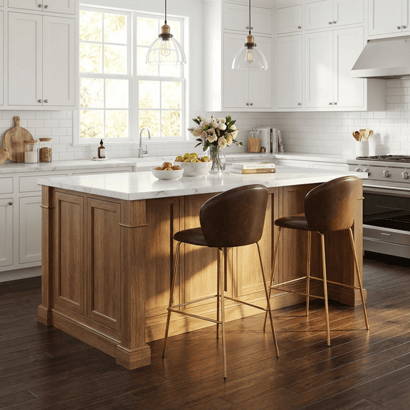 Olurrisa Indoor Upholstered Bar Stool, Dark Brown Faux Leather with Metal Frame, Set of 2