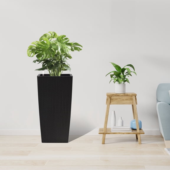 Olurrisa Large 30 Inch Tall Plant Pot, Black Self-Watering Planter with Inner Tray and Water Monitor, Faux Rattan Design for Patio, Garden, and Indoor Decor
