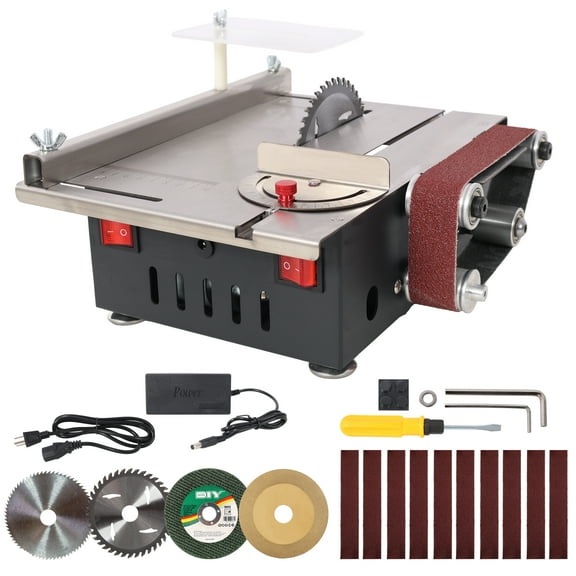 Olurrisa Mini Table Saw,Belt Sander, stainless steel top,4pcs Blades,10pcs Sanding Blet,7 Gear Adjustable 0-90° Angle, Available for Wood/PCB/Acrylic/Plastic,DIY Model Crafts Cutting Tool