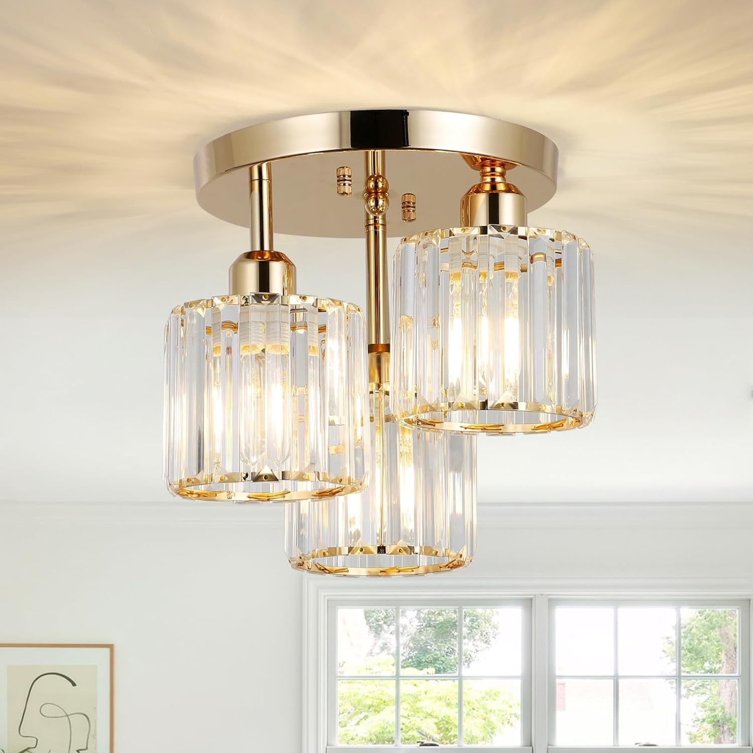 Olurrisa Modern Semi Flush Mount Ceiling Light,3-Light Crystal Close to Ceiling Light Fixtures,Golden Kitchen Light Fixtures with Clear Crystal Shade for Hallway Bedroom Bathroom