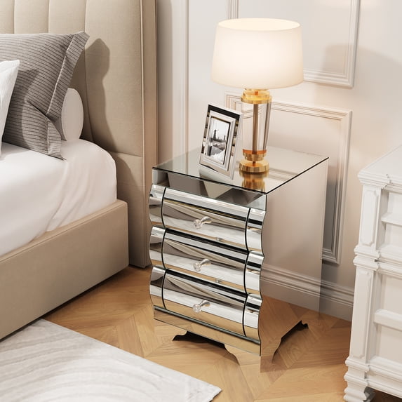 Olurrisa Modern Silver Baked Curved Mirror Nightstand with 3 Drawers, Glass Bedside Table for Small Spaces, Luxury Bedroom Furniture