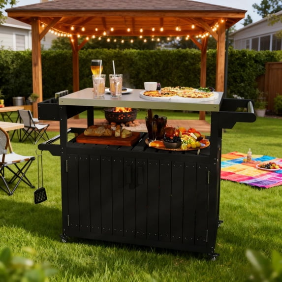 Olurrisa Outdoor Bar Table Top,Outdoor Bar Cart with Storage,Wheeled Kitchen Island for Food Prep