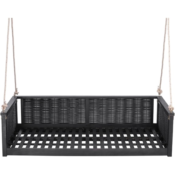 Olurrisa Outdoor Classic Solid Wood Twin Size Swing Bed,Garden Porch Rattan Swing Frame with Long Ropes for Poolside, Backyard, BLACK