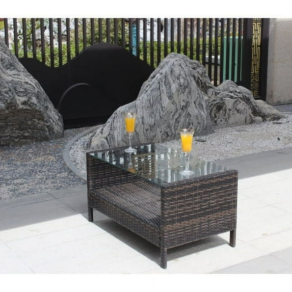 Olurrisa Outdoor Coffee Table with Clear Tempered Glass - All-Weather PE Rattan & Steel Frame, 34.6" Brown Wicker Patio Table, 120lb Capacity for Garden, Poolside