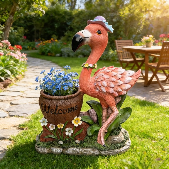 Olurrisa Outdoor Garden Sculpture Flamingo Flower Pot Planter - Unique Yard Statue Decoration, Interesting Law Outdoor Ornament