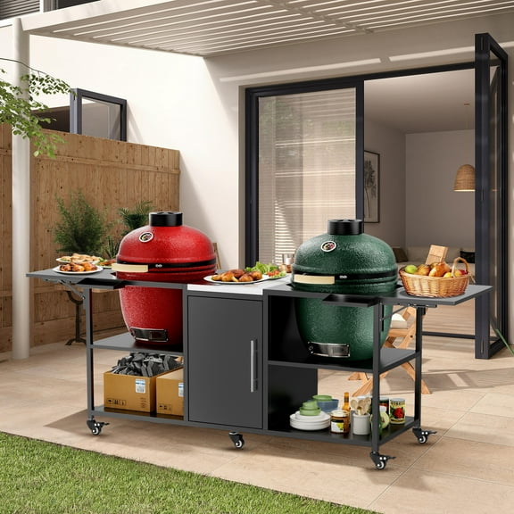 Olurrisa Outdoor Grill Cart for Two Big Green Egg, Metal Grill Table Compatible with Large Big Green Egg,Kamado Joe 18 Inch,and other similar models
