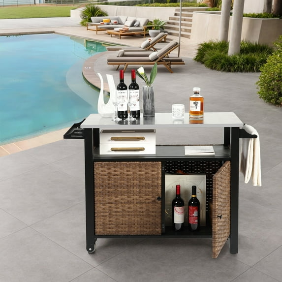 Olurrisa Outdoor Kitchen Wicker Island Rolling Cart & Storage Cabinet, Wheels and Stainless Steel Extended Table Top, Side Handle for Patio Kitchen or Bar Cart, Brown