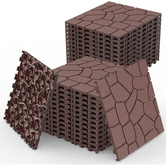 Olurrisa Outdoor Living 12" x 12" Composite Deck Tiles,44 Pack Interlocking Polypropylene Flooring for Patio, Deck,Poolside and Outdoor Spacesr Red Brown