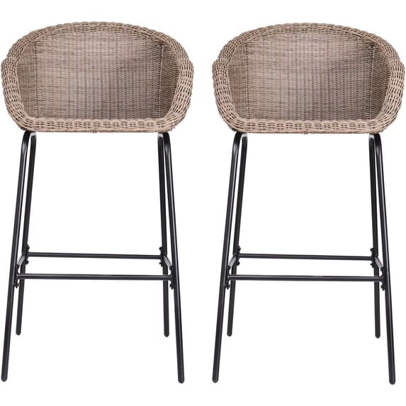 Olurrisa Outdoor Metal Wicker Barstool, Light Brown Faux Wicker, Set of 2