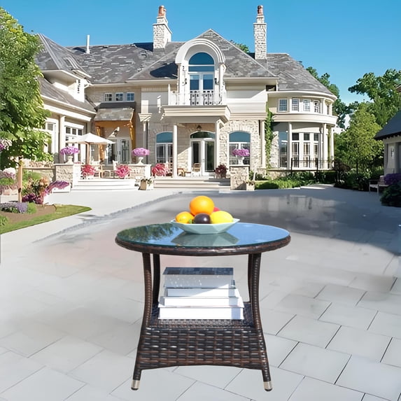 Olurrisa Outdoor Round Coffee Table 21" - Clear Tempered Glass Top with Brown PE Rattan Base, 120lb Capacity All-Weather Patio Table for Garden & Deck