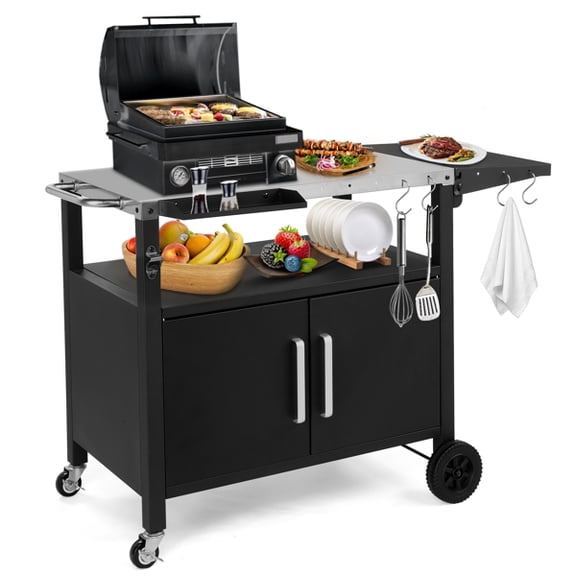 Olurrisa Portable Outdoor Grill Cart Table with Storage, 44.5x20x30.7 inch Rolling BBQ Island with Wheels, Foldable Top & Hooks for Patio Food Prep