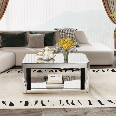 Olurrisa Rectangular Baked Curved Mirror Coffee Table, Modern Glass Top Center Table with Open Storage for Living Room