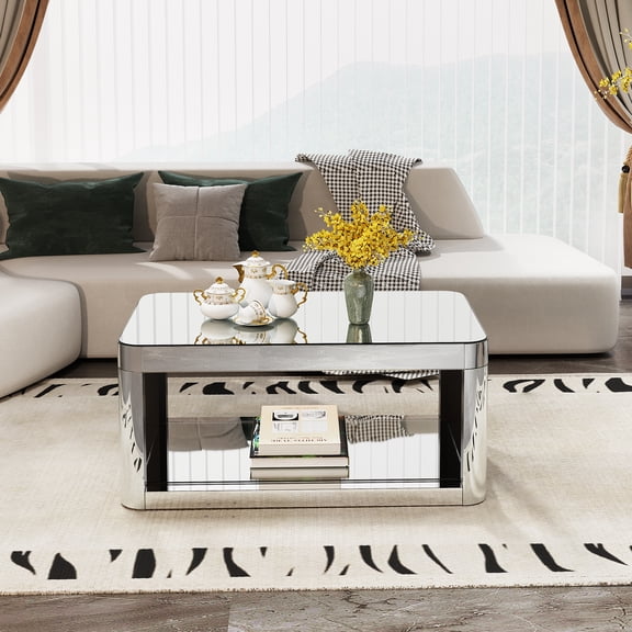 Olurrisa Rectangular Baked Curved Mirror Coffee Table, Modern Glass Top Center Table with Open Storage for Living Room