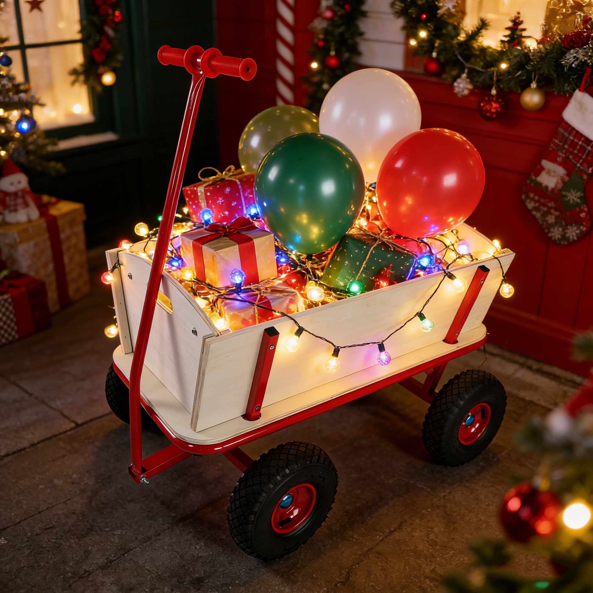 Olurrisa Red & Wood Children's Wagon with 4 All-Terrain Wheels & Side Handles, 260 lbs Capacity Outdoor Stroller Cart for Toys, Gardening, and Family Fun