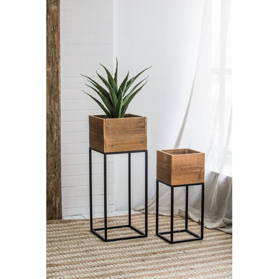 Olurrisa Set of 2 Reclaimed Wooden Box With Black Iron Stand, L:11x11x29.5" S:8.5x8.5x21.5"