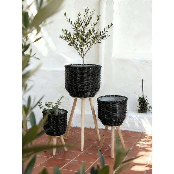 Olurrisa Set of 3 Black Poly Rattan Baskets with Rope Texture and Tapered Wooden Legs, L:12x12x23.5" M:10x10x17.5" S:8x8x13.5"