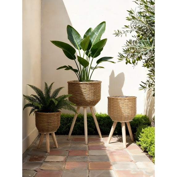 Olurrisa Set of 3 Brown Poly Rattan Baskets with Rope Texture and Tapered Wooden Legs, L:12x12x23.5" M:10x10x17.5" S:8x8x13.5"