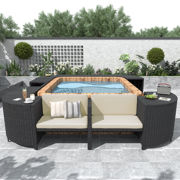 Olurrisa Spa Surround Spa Frame Quadrilateral Outdoor Rattan Sectional Sofa Set with Mini Sofa,Wooden Seats and Storage Spaces, Beige