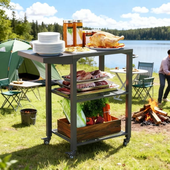 Olurrisa Stainless Steel Top Oven Stand with Foldable Side Table,Three-Shelf Outdoor Grill Cart Table with Hooks
