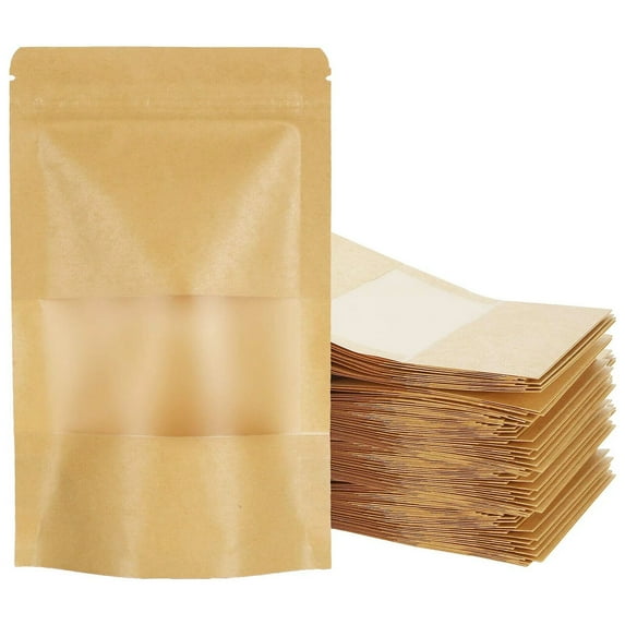 Olurrisa Stand Up Pouch Bags, 50 Pack Kraft Pouch with Tear Notch and Matte Window, Resealable Zip Lock Food Storage Bag