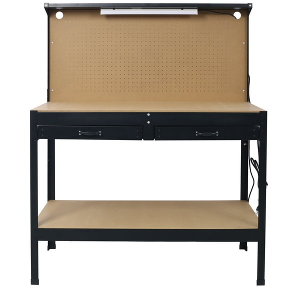 Olurrisa Steel Workbench Tool Storage Work Bench Workshop Tools Table W/Drawer and Peg Board ,4xAC outlets 2xUSB Ports
