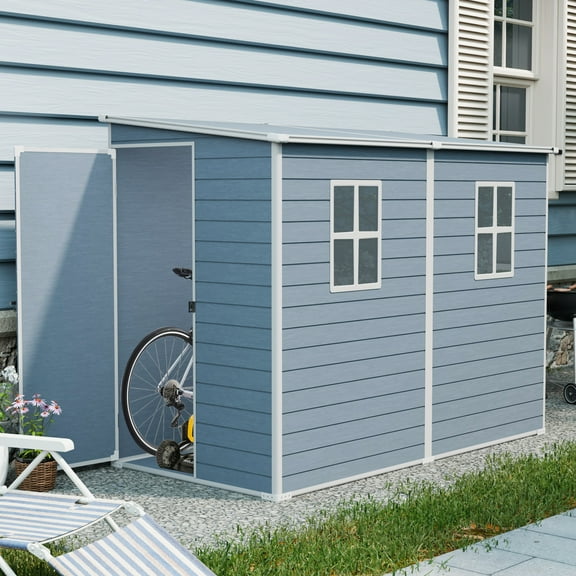 Olurrisa Upgraded 4x8 FT Outdoor Storage Shed, Grey Resin Shed with Floor and Two Windows, Lockable Doors and Sloping Roof Design for Garden and Patio Storage